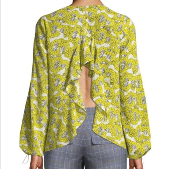 Robert Rodriguez Dania Floral-Print Ruffle-Back Yellow Blouse - Picture 2 of 9
